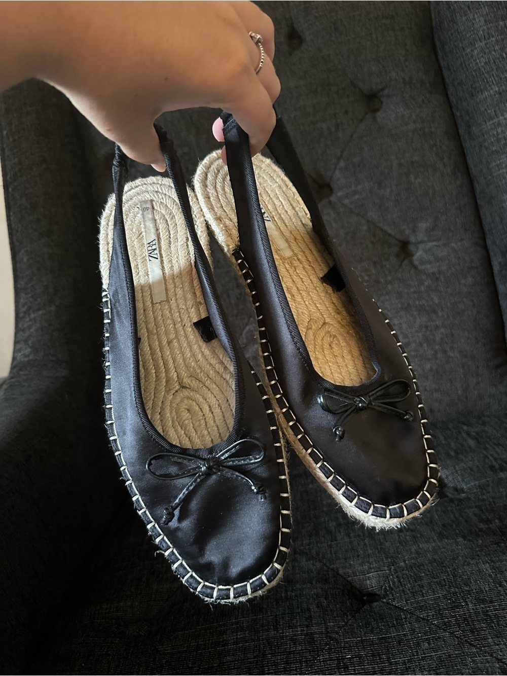 Zara Black Satin Espadrille Slingback Flats with Bow